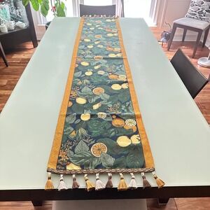 Lemon Print Table Buffet Runner Tassels Fruit Botanical Decor 13x72" Navy Base‎